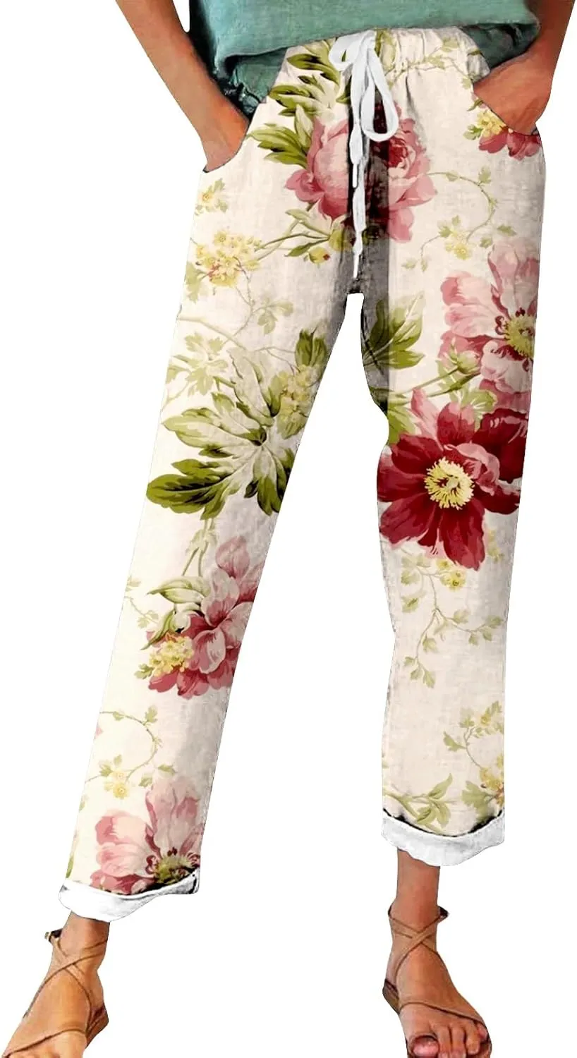 Women's Linen Pants Casual Vintage Tropical Floral Print Elastic High Waist Drawstring Trousers Summer Beach Pants