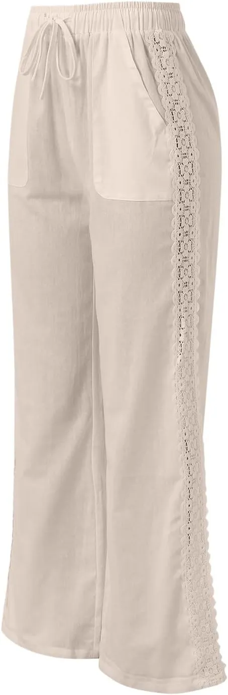 Women's Linen Pants Drawstring Elastic Waist Lightweight Pant Summer Loose Fit Beach Trousers with Pockets
