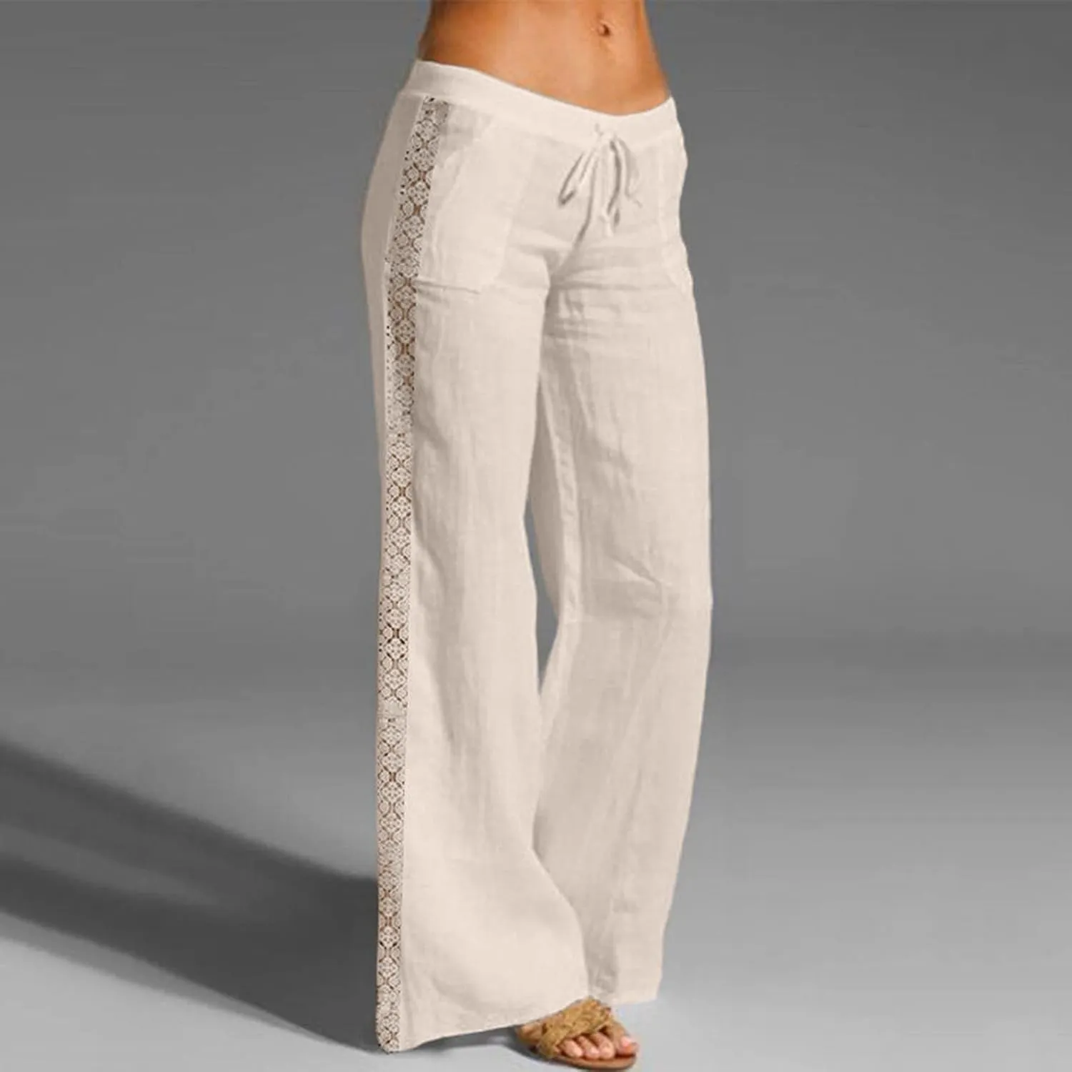 Women's Linen Pants Drawstring Elastic Waist Lightweight Pant Summer Loose Fit Beach Trousers with Pockets