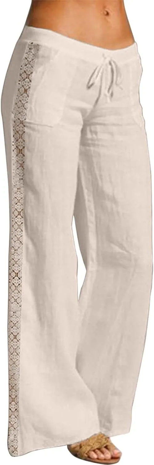 Women's Linen Pants Drawstring Elastic Waist Lightweight Pant Summer Loose Fit Beach Trousers with Pockets