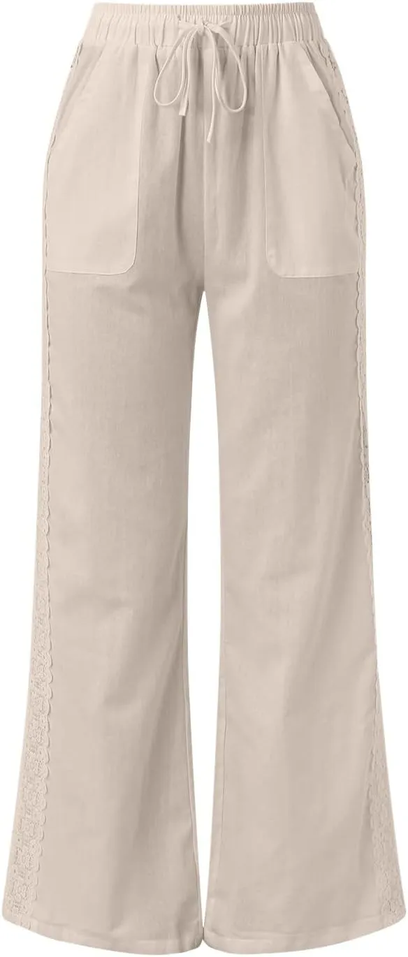 Women's Linen Pants Drawstring Elastic Waist Lightweight Pant Summer Loose Fit Beach Trousers with Pockets