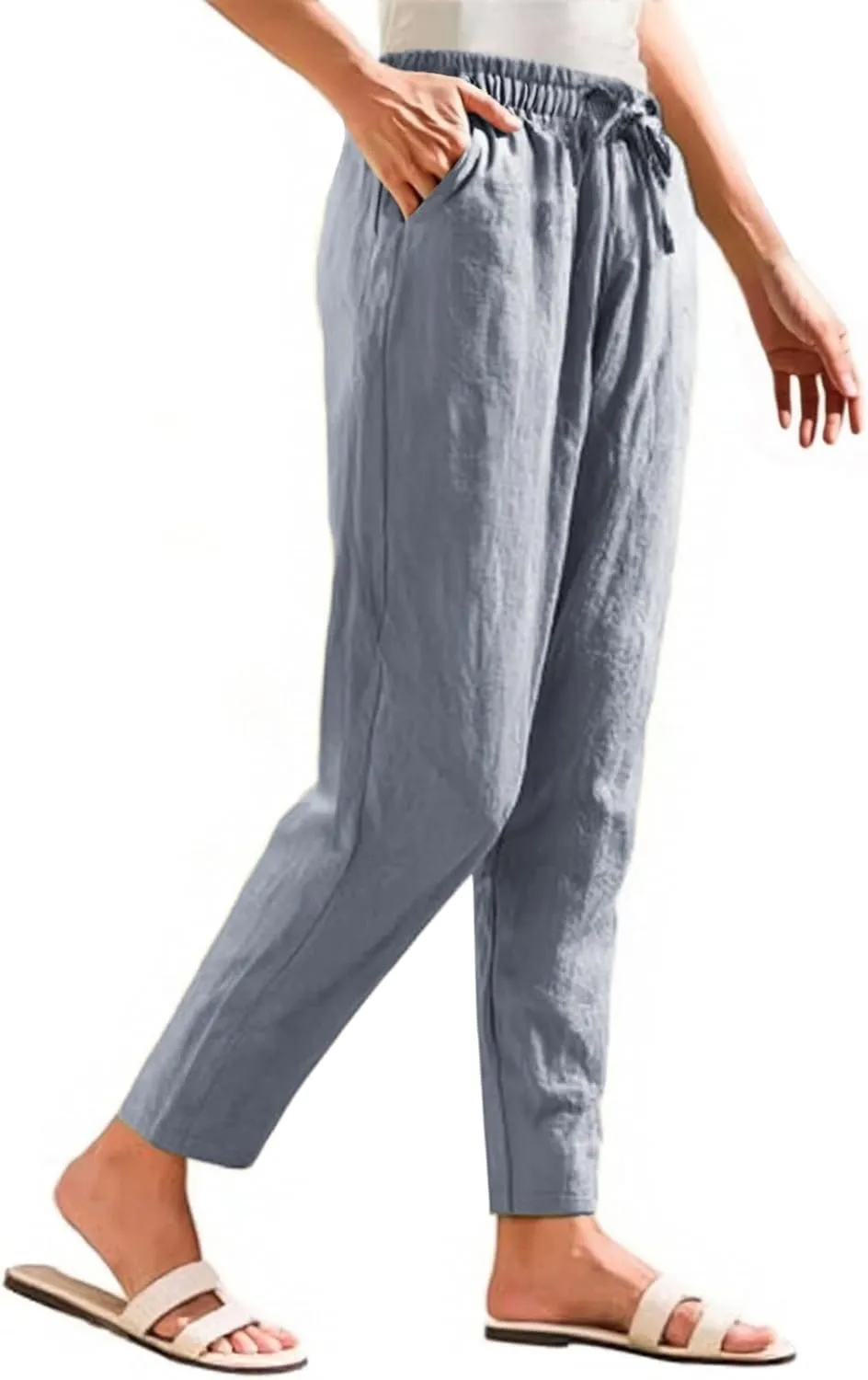 Womens Linen Pants Straight Leg Boho Palazzo Pants Casual Elastic Drawstring Waist Beach Lounge Pants with Pockets