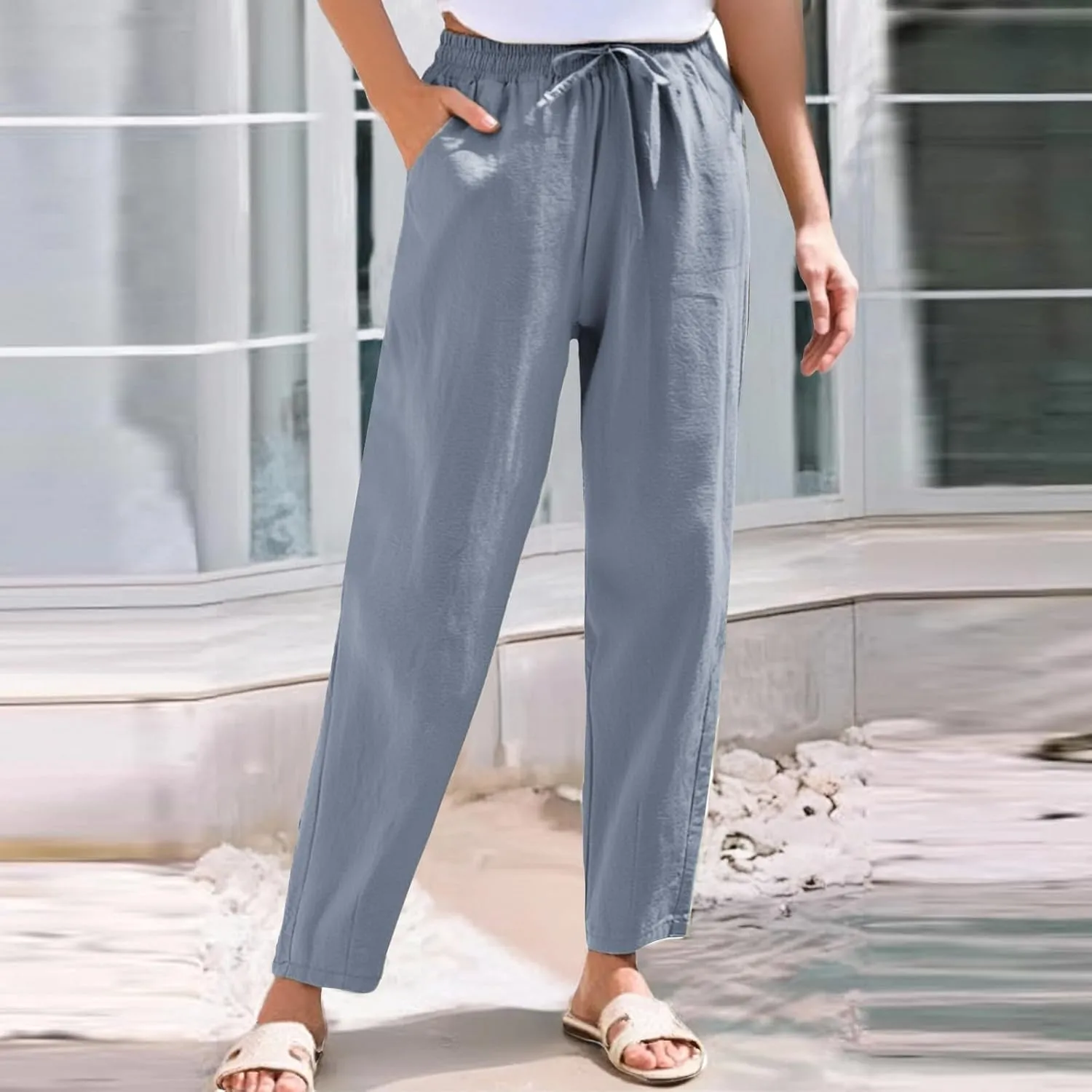 Womens Linen Pants Straight Leg Boho Palazzo Pants Casual Elastic Drawstring Waist Beach Lounge Pants with Pockets