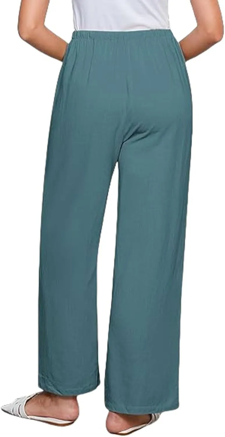 Womens Linen Pants Summer Casual Capri Pants asual Loose Wide Leg High Waist Drawstring Pants Palazzo Flowy Trousers