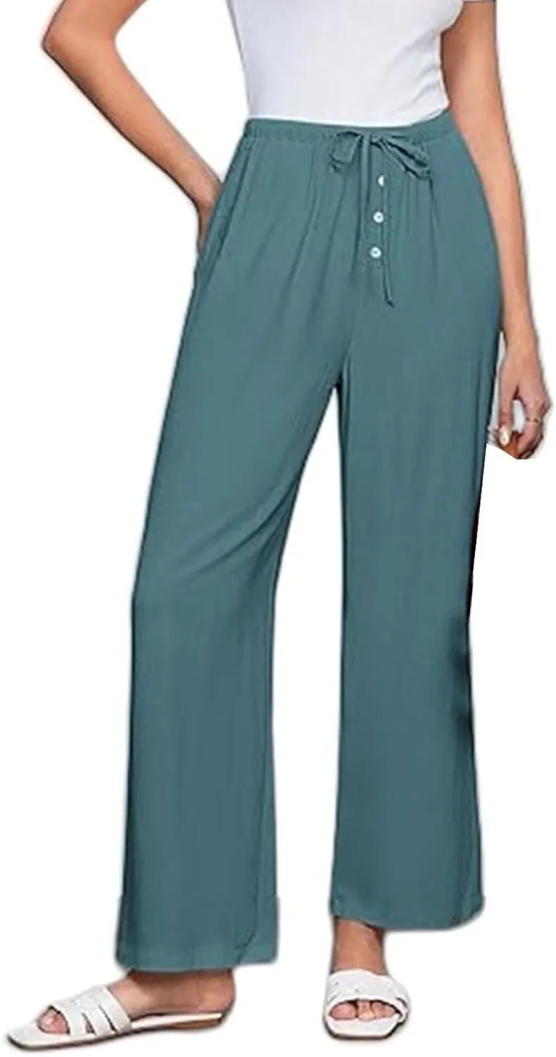 Womens Linen Pants Summer Casual Capri Pants asual Loose Wide Leg High Waist Drawstring Pants Palazzo Flowy Trousers