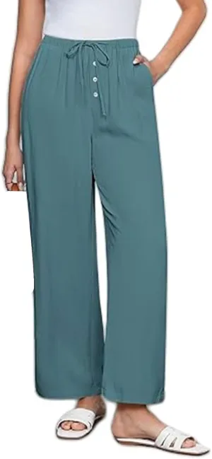 Womens Linen Pants Summer Casual Capri Pants asual Loose Wide Leg High Waist Drawstring Pants Palazzo Flowy Trousers