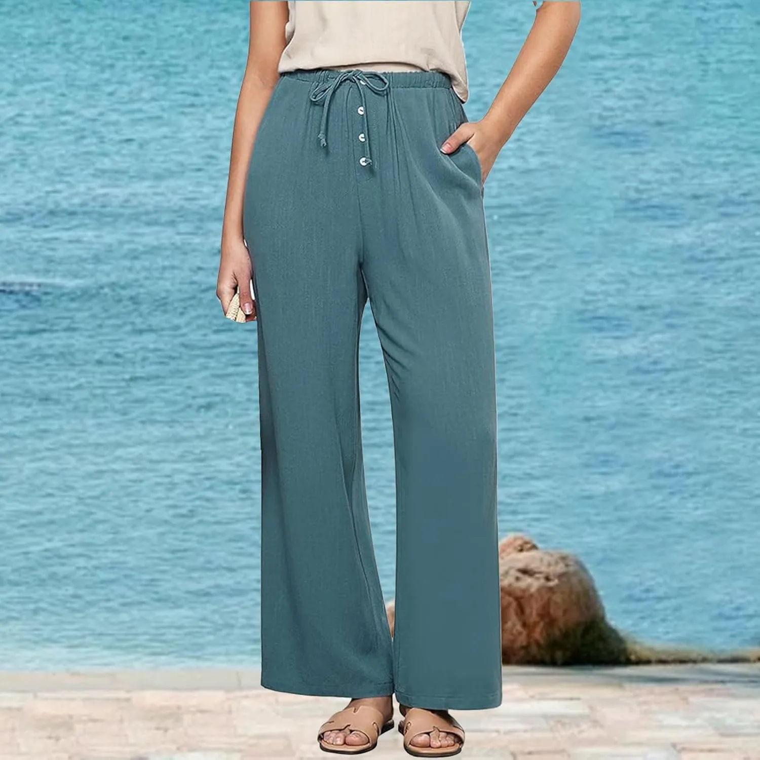 Womens Linen Pants Summer Casual Capri Pants asual Loose Wide Leg High Waist Drawstring Pants Palazzo Flowy Trousers