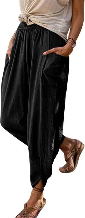 Womens Linen Pants with Pockets Straight Leg Elastic Waist Casual Pants Summer Loose Capris Beach Vacation Trousers