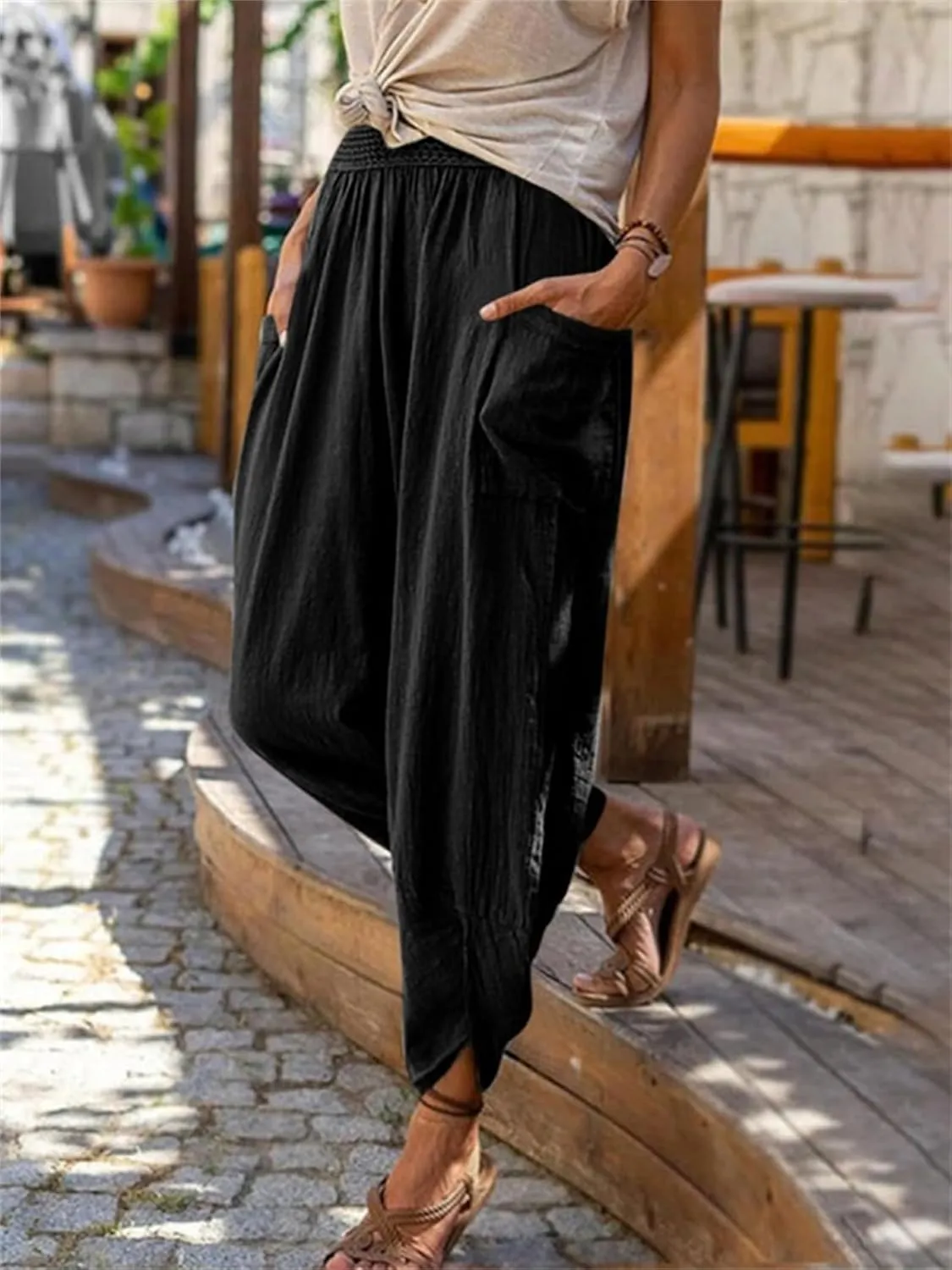 Womens Linen Pants with Pockets Straight Leg Elastic Waist Casual Pants Summer Loose Capris Beach Vacation Trousers