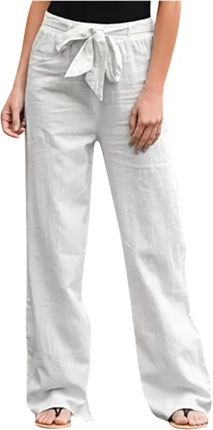 Women's Linen Summer Drawstring Palazzo Pants Elastic Waist Wide Leg Slim-Fit Pant Trousers Beach