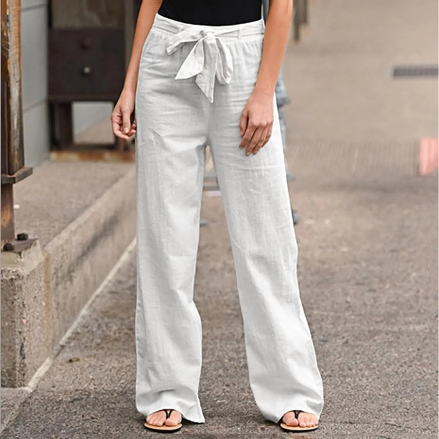 Women's Linen Summer Drawstring Palazzo Pants Elastic Waist Wide Leg Slim-Fit Pant Trousers Beach