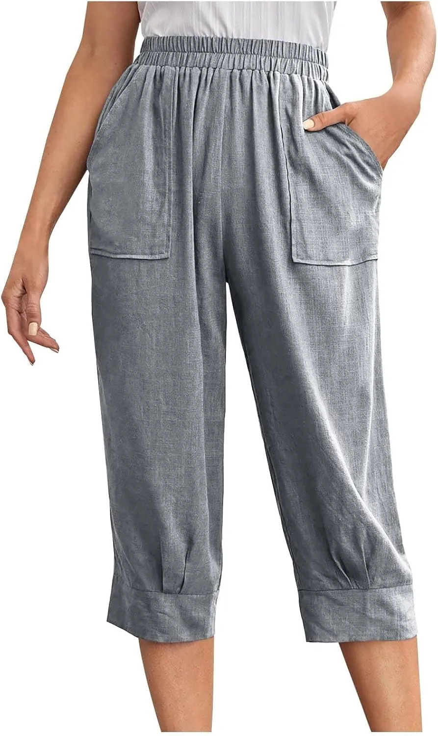 Women's Linen Wide Leg Capri Pants Casual Summer High Waist Flowy Baggy Comfy Straight Leg Yoga Lounge Trousers Beach