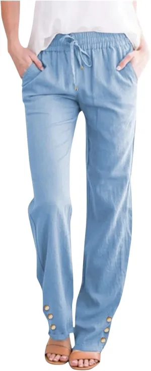 Women's Linen Wide Leg Capri Pants Casual Summer High Waist Flowy Baggy Comfy Straight Leg Yoga Lounge Trousers Beach
