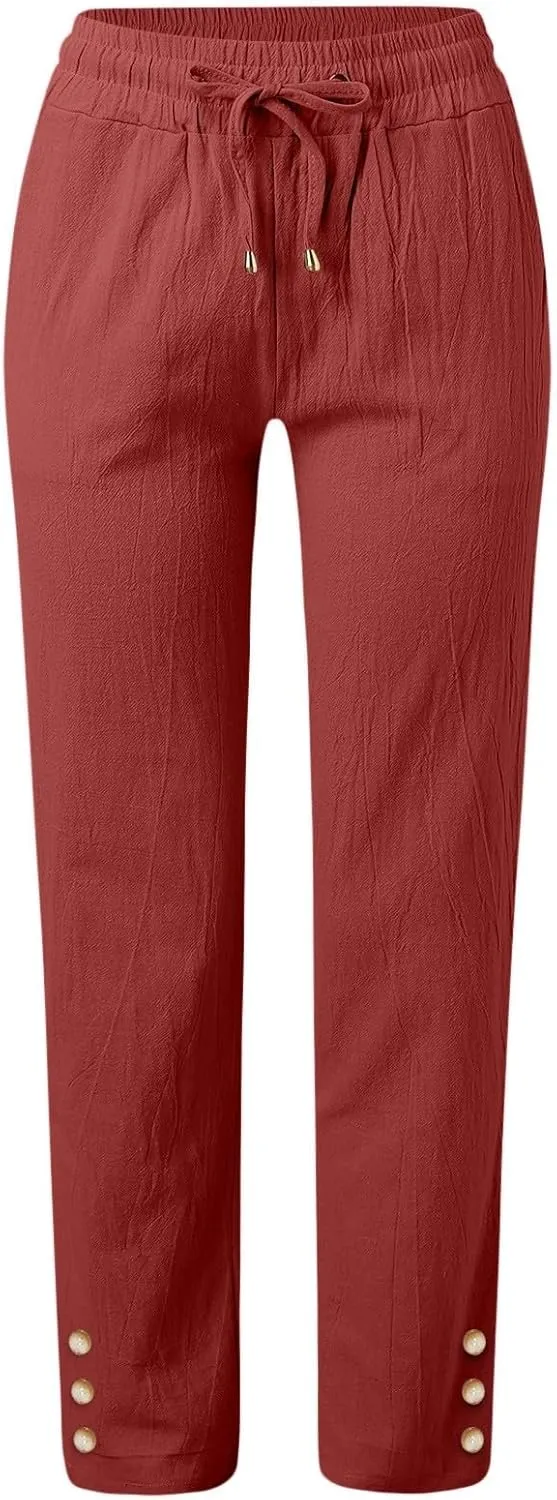 Women's Linen Wide Leg Capri Pants Casual Summer High Waist Flowy Baggy Comfy Straight Leg Yoga Lounge Trousers Beach