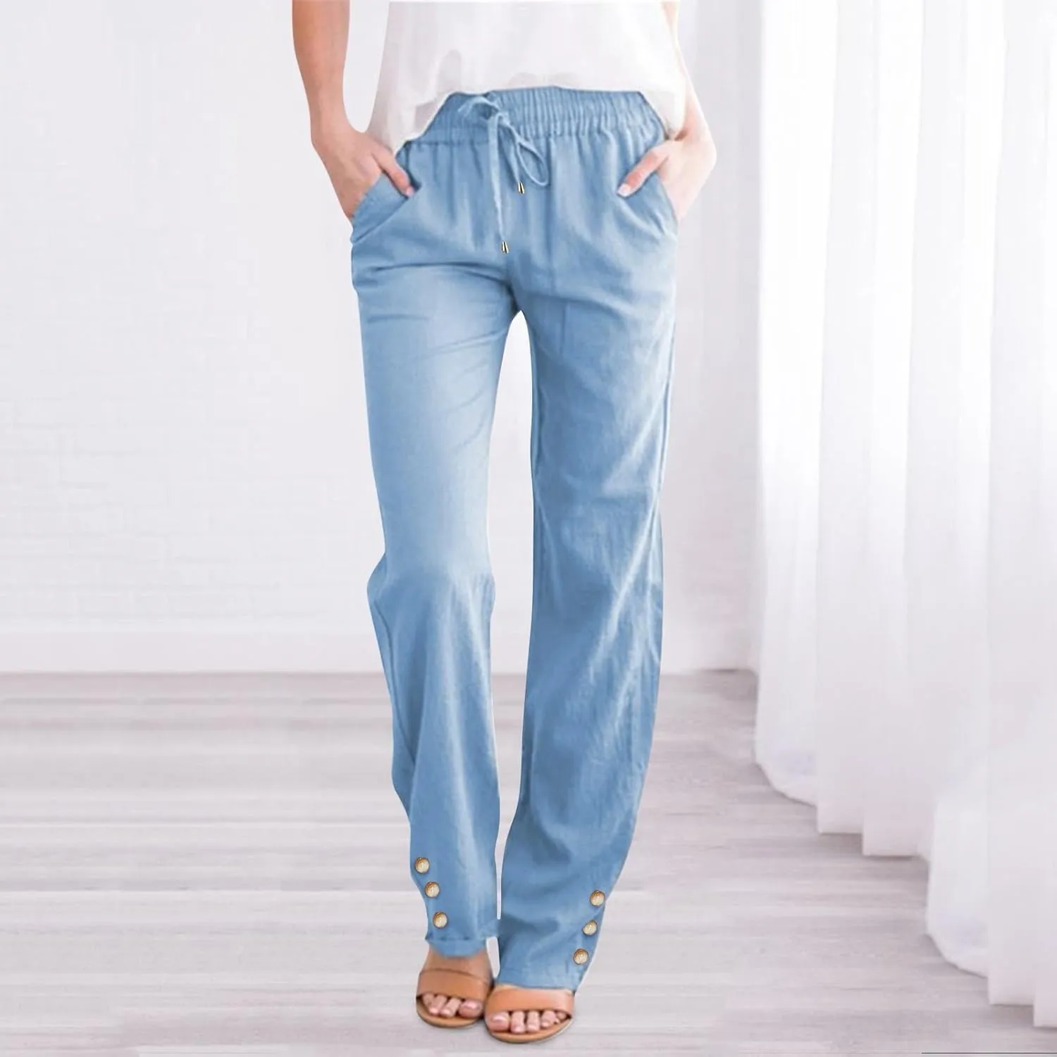 Women's Linen Wide Leg Capri Pants Casual Summer High Waist Flowy Baggy Comfy Straight Leg Yoga Lounge Trousers Beach