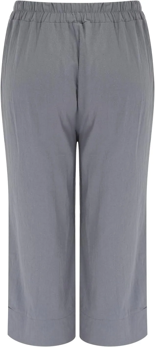 Women's Linen Wide Leg Capri Pants Casual Summer High Waist Flowy Baggy Comfy Straight Leg Yoga Lounge Trousers Beach