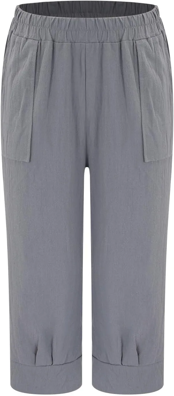 Women's Linen Wide Leg Capri Pants Casual Summer High Waist Flowy Baggy Comfy Straight Leg Yoga Lounge Trousers Beach