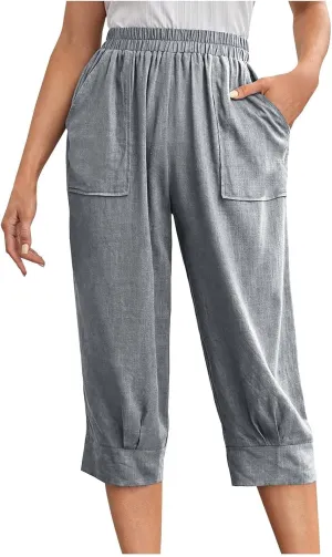 Women's Linen Wide Leg Capri Pants Casual Summer High Waist Flowy Baggy Comfy Straight Leg Yoga Lounge Trousers Beach