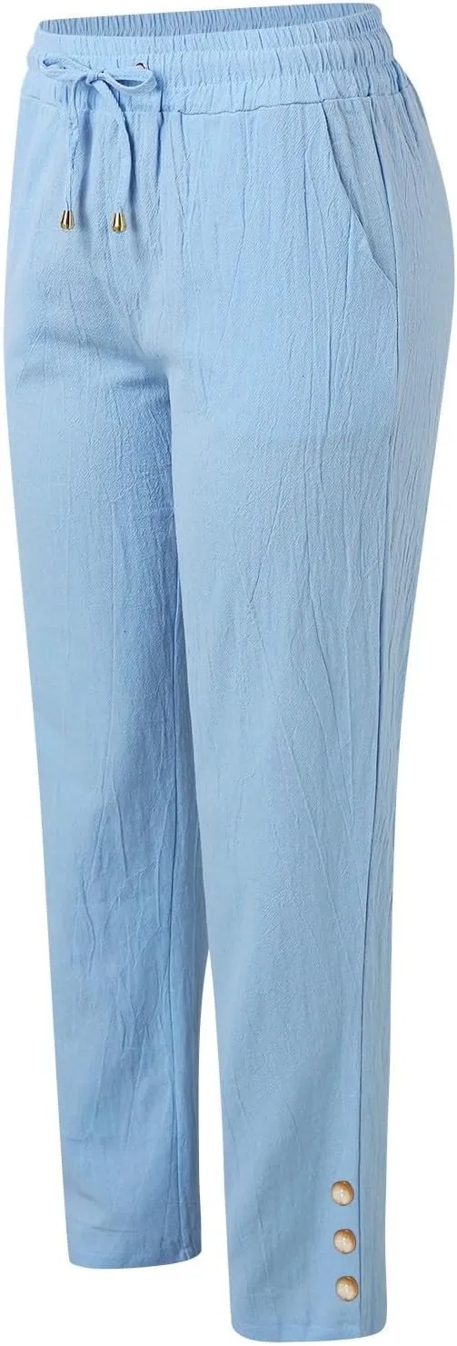 Women's Linen Wide Leg Capri Pants Casual Summer High Waist Flowy Baggy Comfy Straight Leg Yoga Lounge Trousers Beach