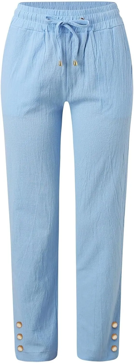 Women's Linen Wide Leg Capri Pants Casual Summer High Waist Flowy Baggy Comfy Straight Leg Yoga Lounge Trousers Beach