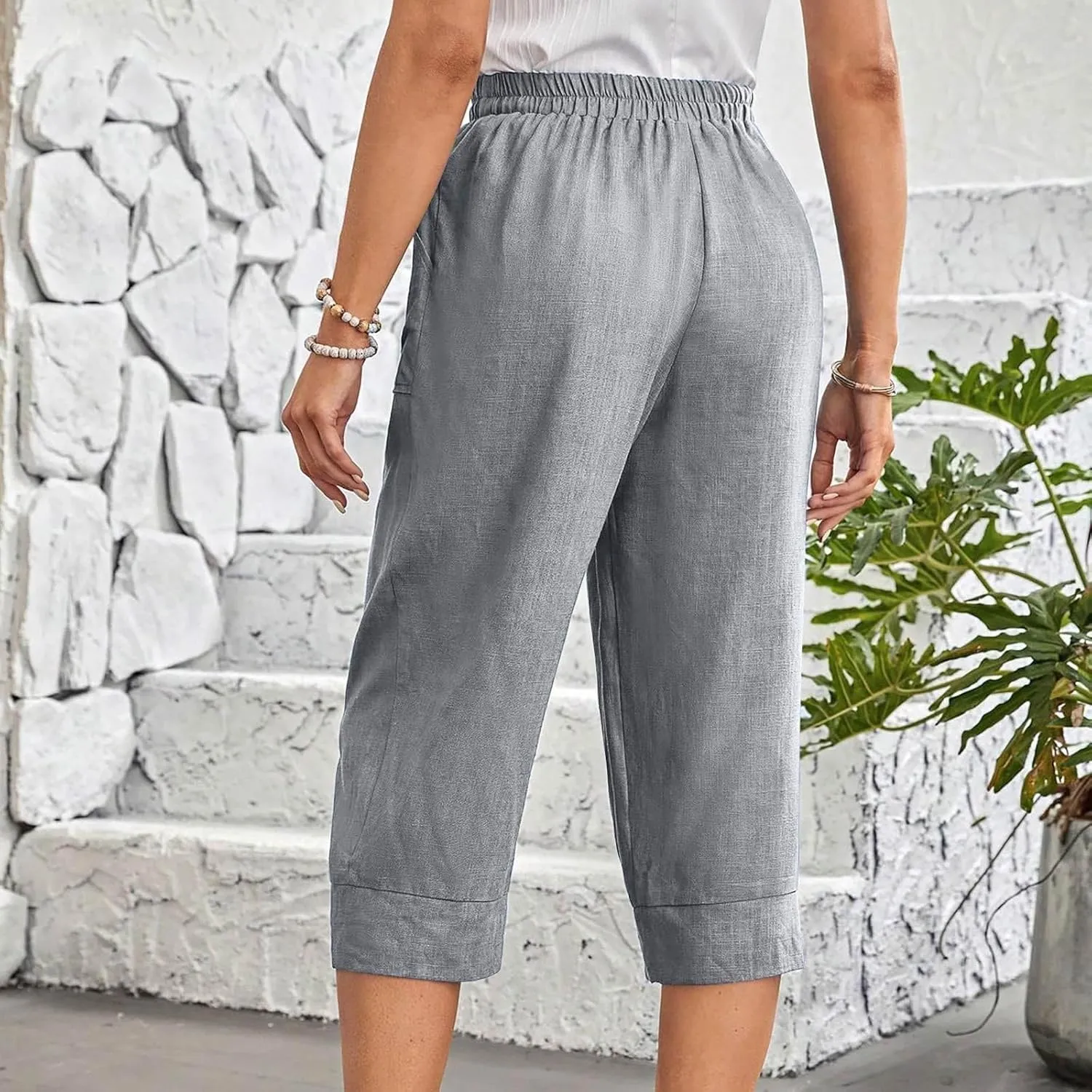 Women's Linen Wide Leg Capri Pants Casual Summer High Waist Flowy Baggy Comfy Straight Leg Yoga Lounge Trousers Beach