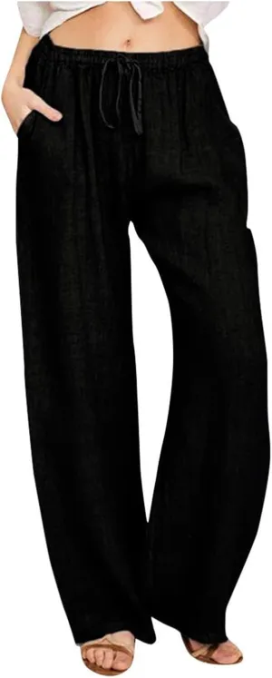 Womens Linen Wide Leg Pants High Waisted Drawstring Pant Athletic Casual Sweatpants Flowy Beach Pants Summer Trousers