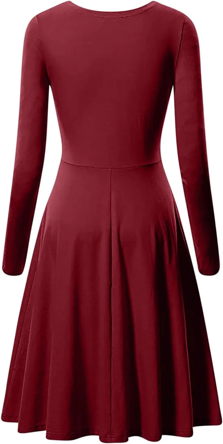 Womens Long Sleeve Dress Casual Summer Spring A-Line Knee Length Slim Fit Midi Skater Dresses 2025 Fashion Clothes