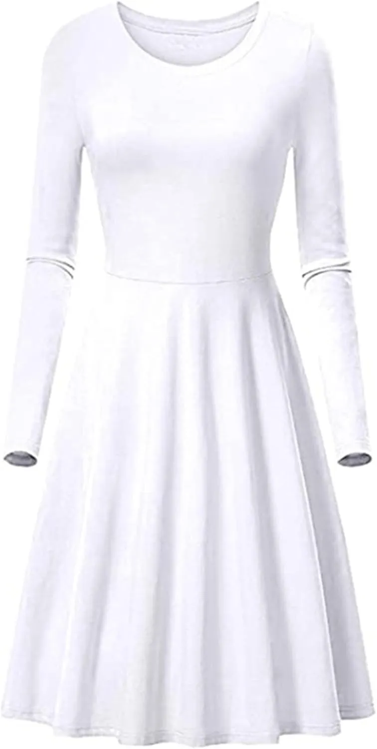 Womens Long Sleeve Dress Casual Summer Spring A-Line Knee Length Slim Fit Midi Skater Dresses 2025 Fashion Clothes