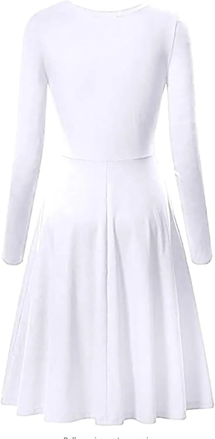 Womens Long Sleeve Dress Casual Summer Spring A-Line Knee Length Slim Fit Midi Skater Dresses 2025 Fashion Clothes