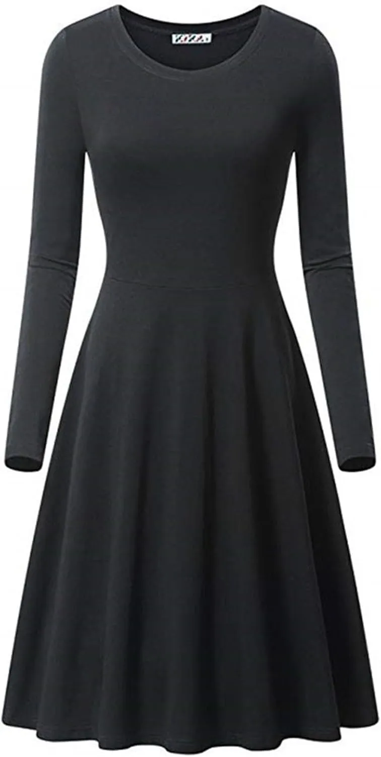 Womens Long Sleeve Dress Casual Summer Spring A-Line Knee Length Slim Fit Midi Skater Dresses 2025 Fashion Clothes
