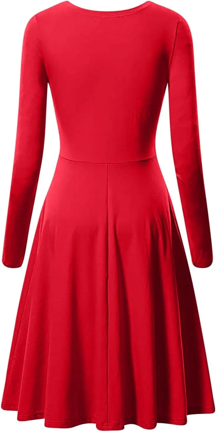 Womens Long Sleeve Dress Casual Summer Spring A-Line Knee Length Slim Fit Midi Skater Dresses 2025 Fashion Clothes