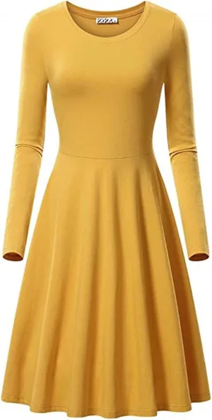 Womens Long Sleeve Dress Casual Summer Spring A-Line Knee Length Slim Fit Midi Skater Dresses 2025 Fashion Clothes