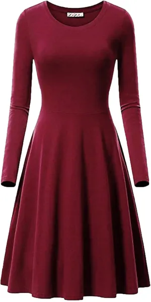 Womens Long Sleeve Dress Casual Summer Spring A-Line Knee Length Slim Fit Midi Skater Dresses 2025 Fashion Clothes