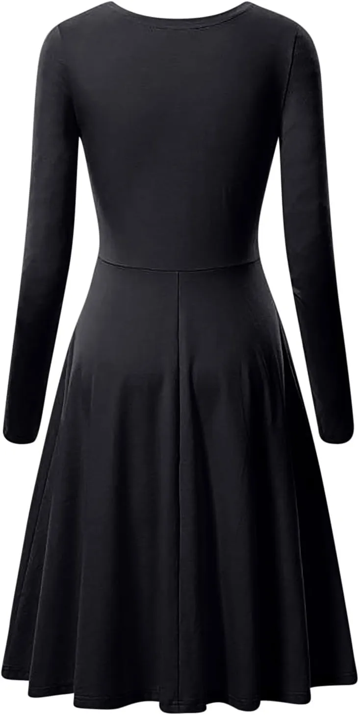 Womens Long Sleeve Dress Casual Summer Spring A-Line Knee Length Slim Fit Midi Skater Dresses 2025 Fashion Clothes