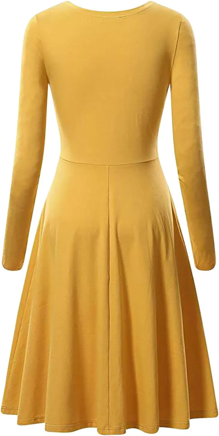 Womens Long Sleeve Dress Casual Summer Spring A-Line Knee Length Slim Fit Midi Skater Dresses 2025 Fashion Clothes