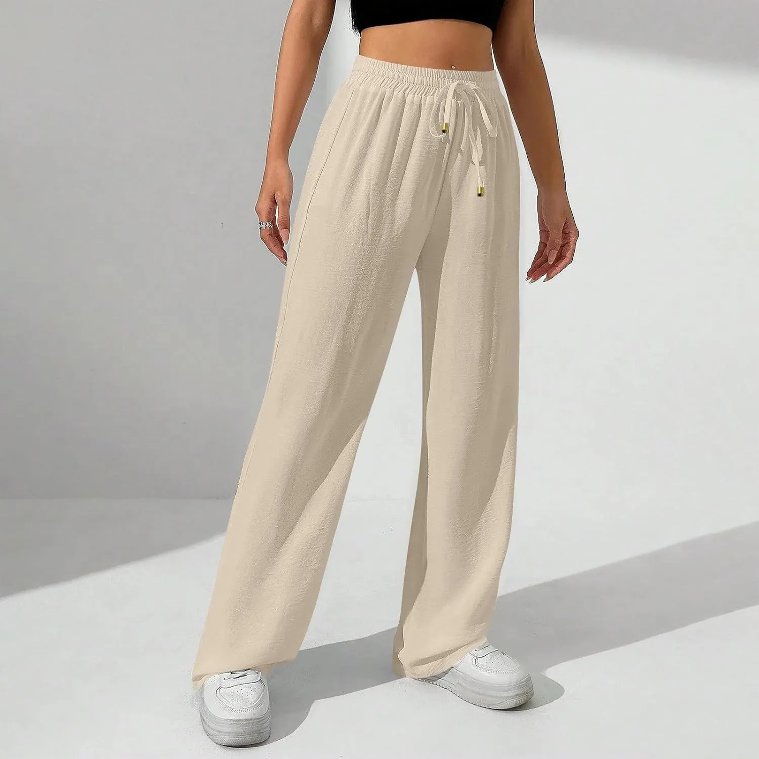 Womens Palazzo Pants Baggy Linen Pants Drawstring High Waisted Summer Work Wide Leg Pant Casual Trouser with Pockets