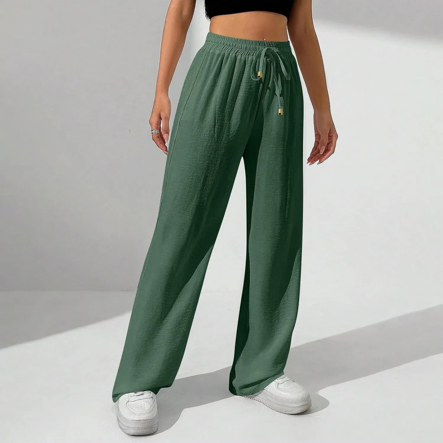 Womens Palazzo Pants Baggy Linen Pants Drawstring High Waisted Summer Work Wide Leg Pant Casual Trouser with Pockets