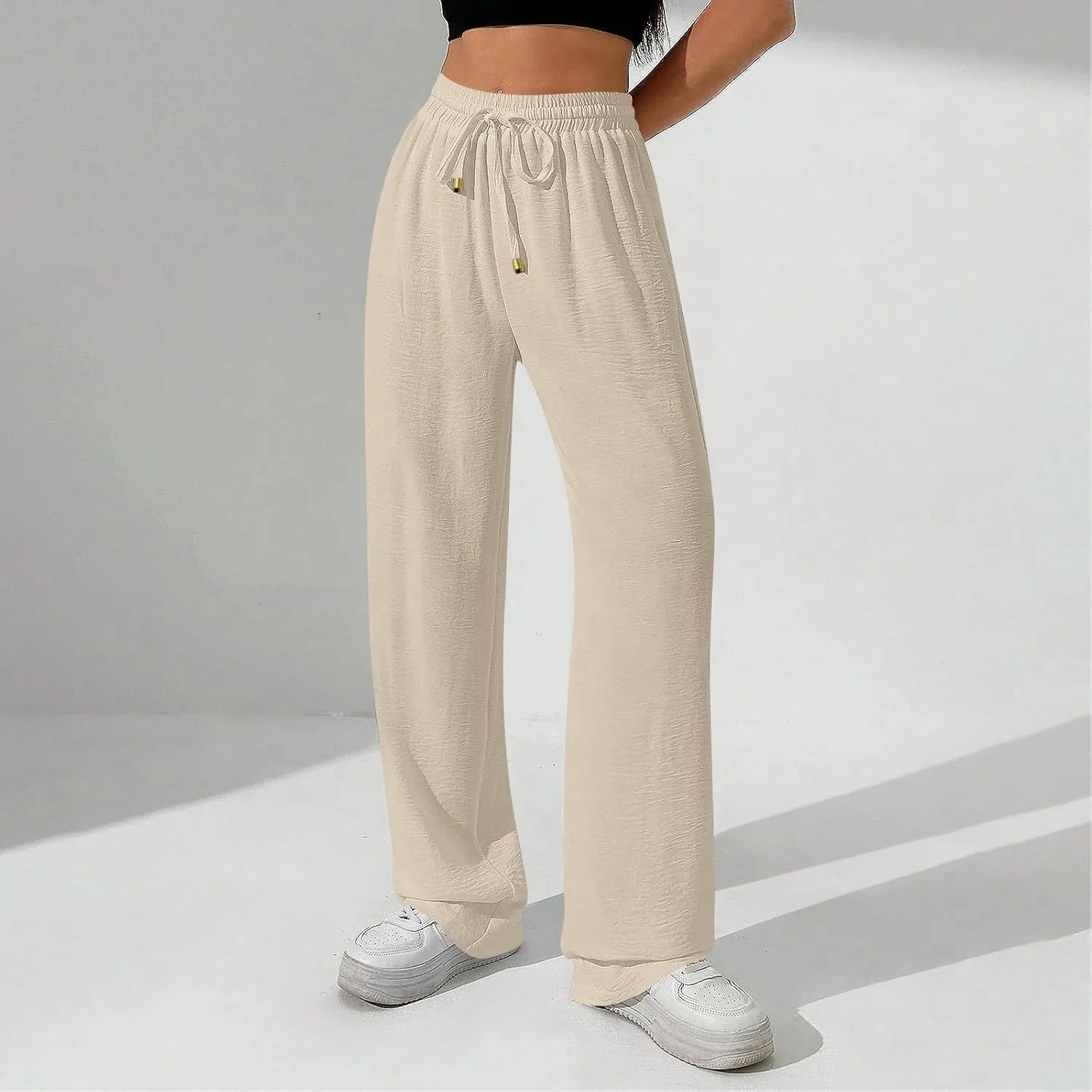 Womens Palazzo Pants Baggy Linen Pants Drawstring High Waisted Summer Work Wide Leg Pant Casual Trouser with Pockets