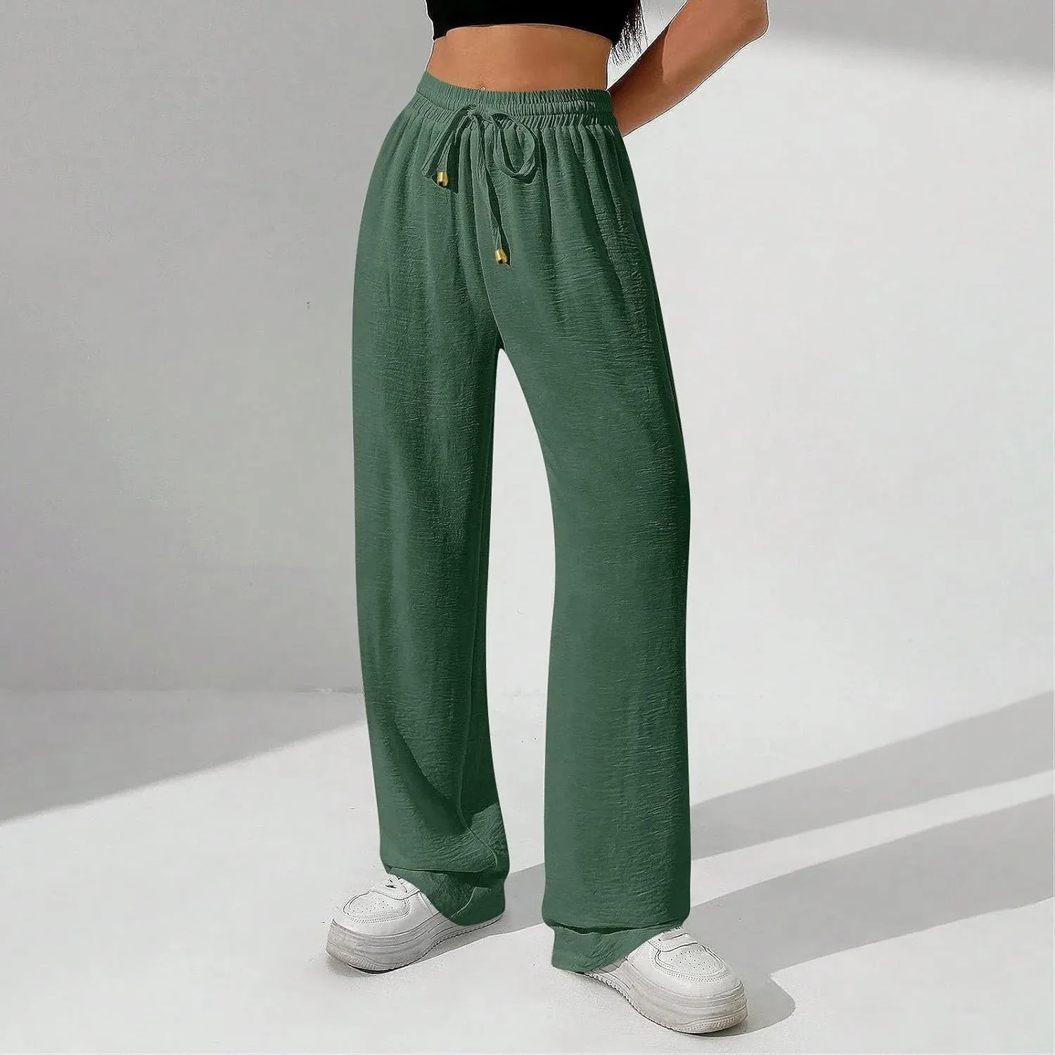Womens Palazzo Pants Baggy Linen Pants Drawstring High Waisted Summer Work Wide Leg Pant Casual Trouser with Pockets