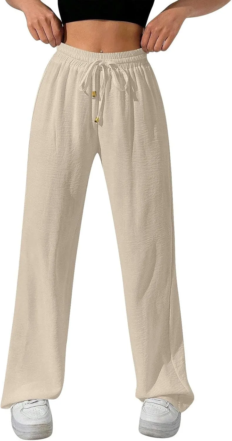 Womens Palazzo Pants Baggy Linen Pants Drawstring High Waisted Summer Work Wide Leg Pant Casual Trouser with Pockets