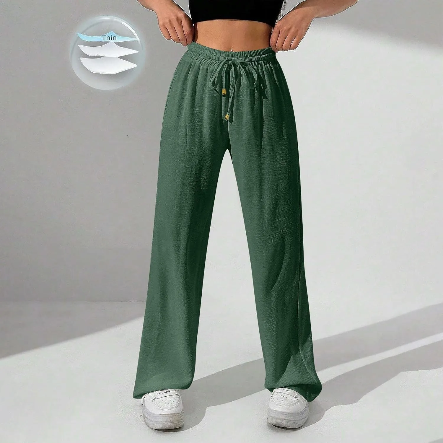 Womens Palazzo Pants Baggy Linen Pants Drawstring High Waisted Summer Work Wide Leg Pant Casual Trouser with Pockets