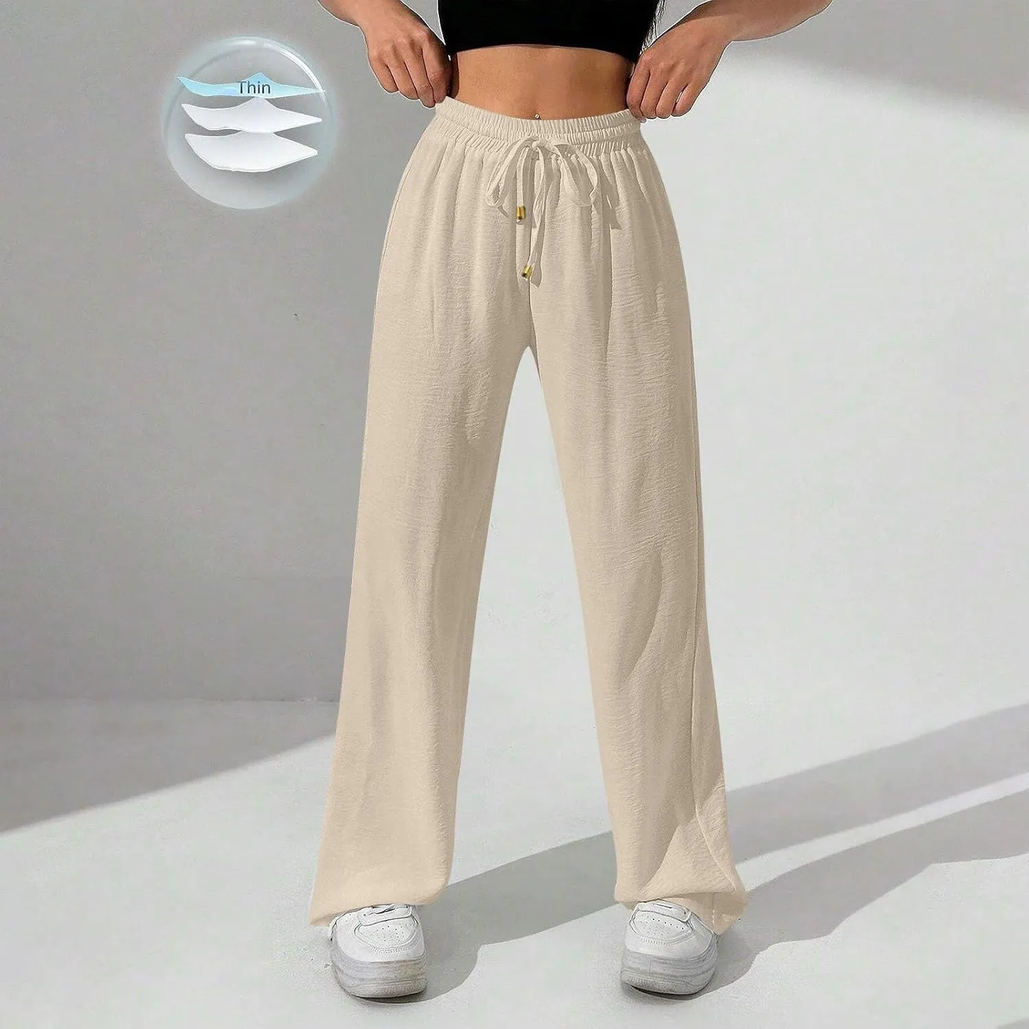 Womens Palazzo Pants Baggy Linen Pants Drawstring High Waisted Summer Work Wide Leg Pant Casual Trouser with Pockets