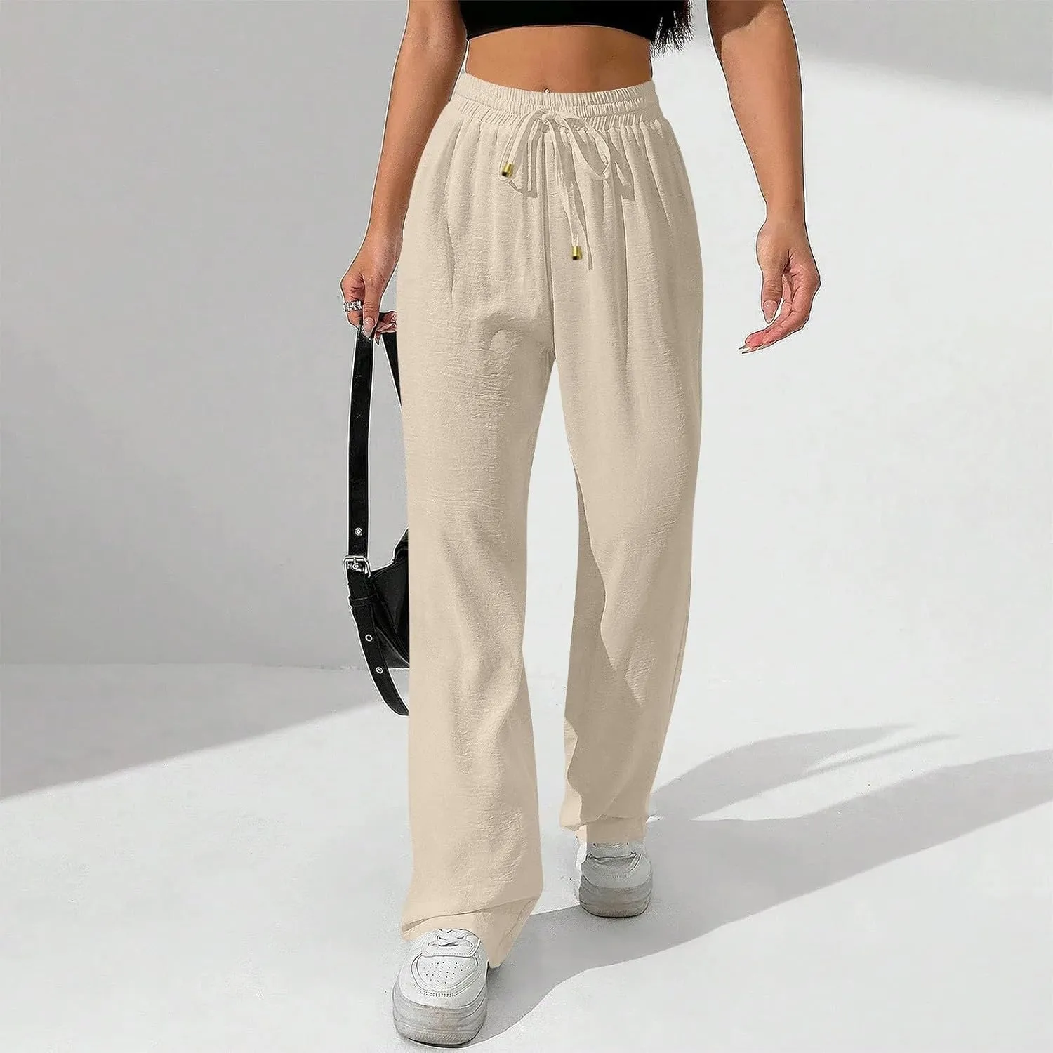 Womens Palazzo Pants Baggy Linen Pants Drawstring High Waisted Summer Work Wide Leg Pant Casual Trouser with Pockets