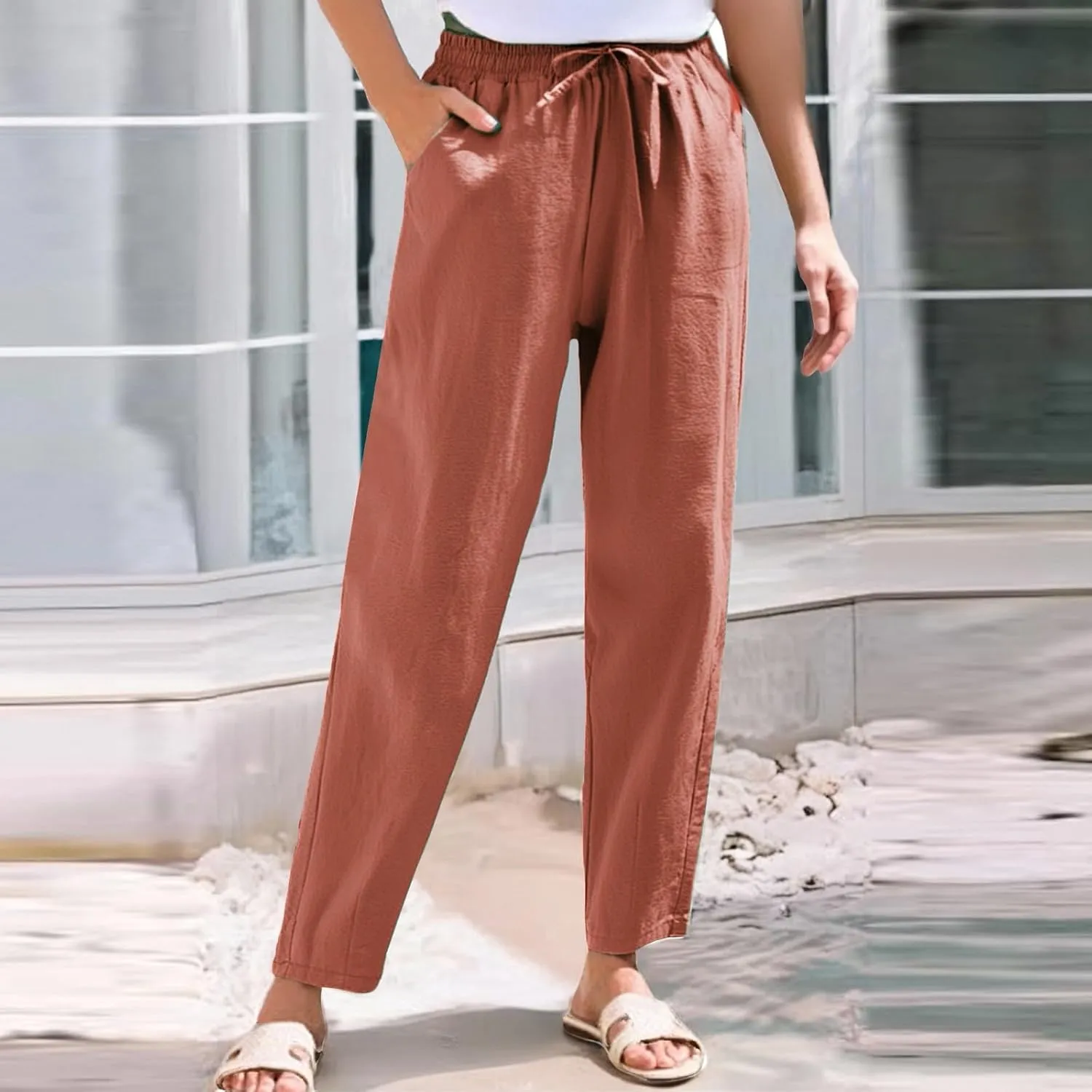 Women's Pants, Linen Casual Pants Straight Leg Peasant Women Trendy Teacher Wide