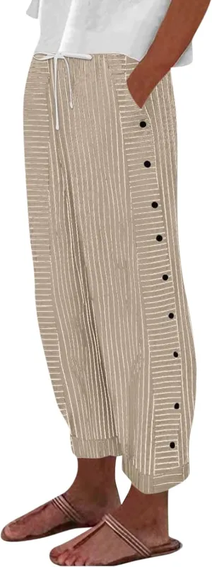 Women's Pants, Linen Straight Leg Peasant Pants Casual Side Button Loose Striped