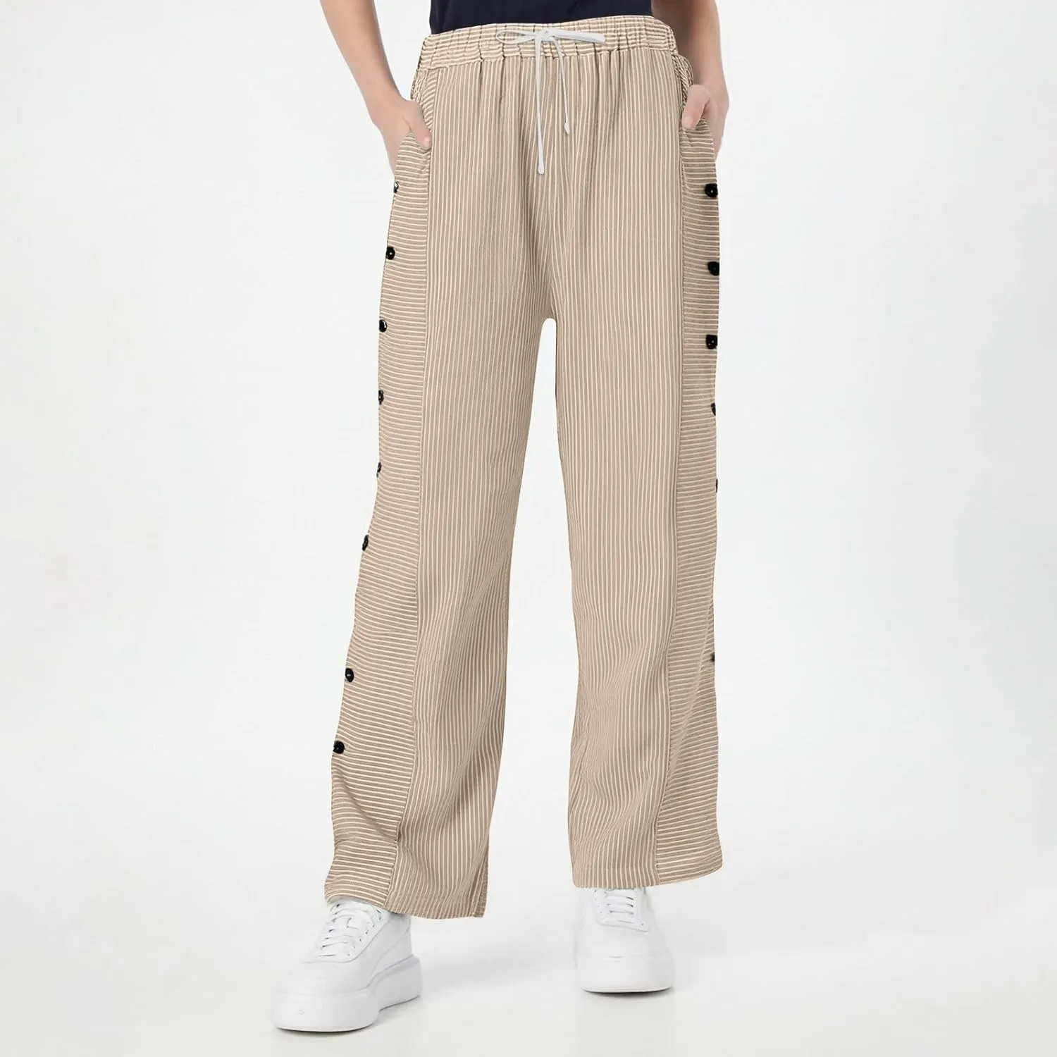 Women's Pants, Linen Straight Leg Peasant Pants Casual Side Button Loose Striped