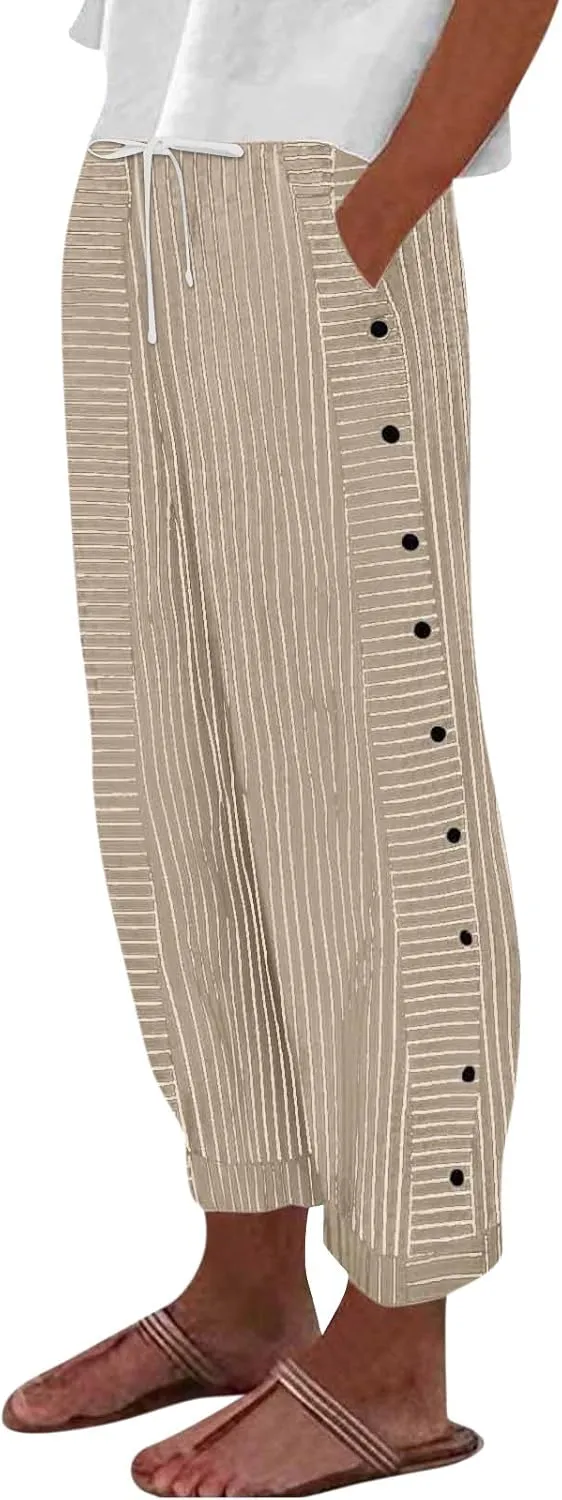 Women's Pants, Linen Straight Leg Peasant Pants Casual Side Button Loose Striped