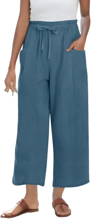 Womens Pants Ruffle Waist Cotton Linen Wide Leg Pants Drawstring Loose Fit Pant with Pocket Summer Beach Trousers