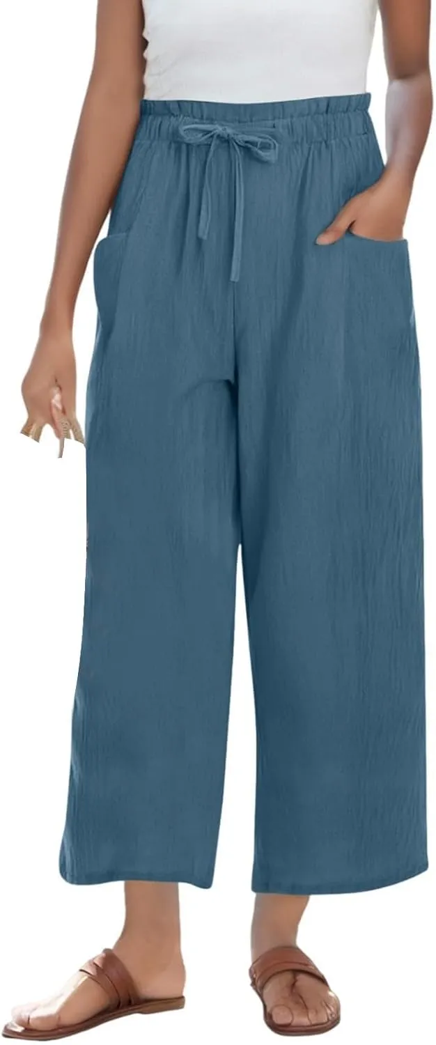Womens Pants Ruffle Waist Cotton Linen Wide Leg Pants Drawstring Loose Fit Pant with Pocket Summer Beach Trousers