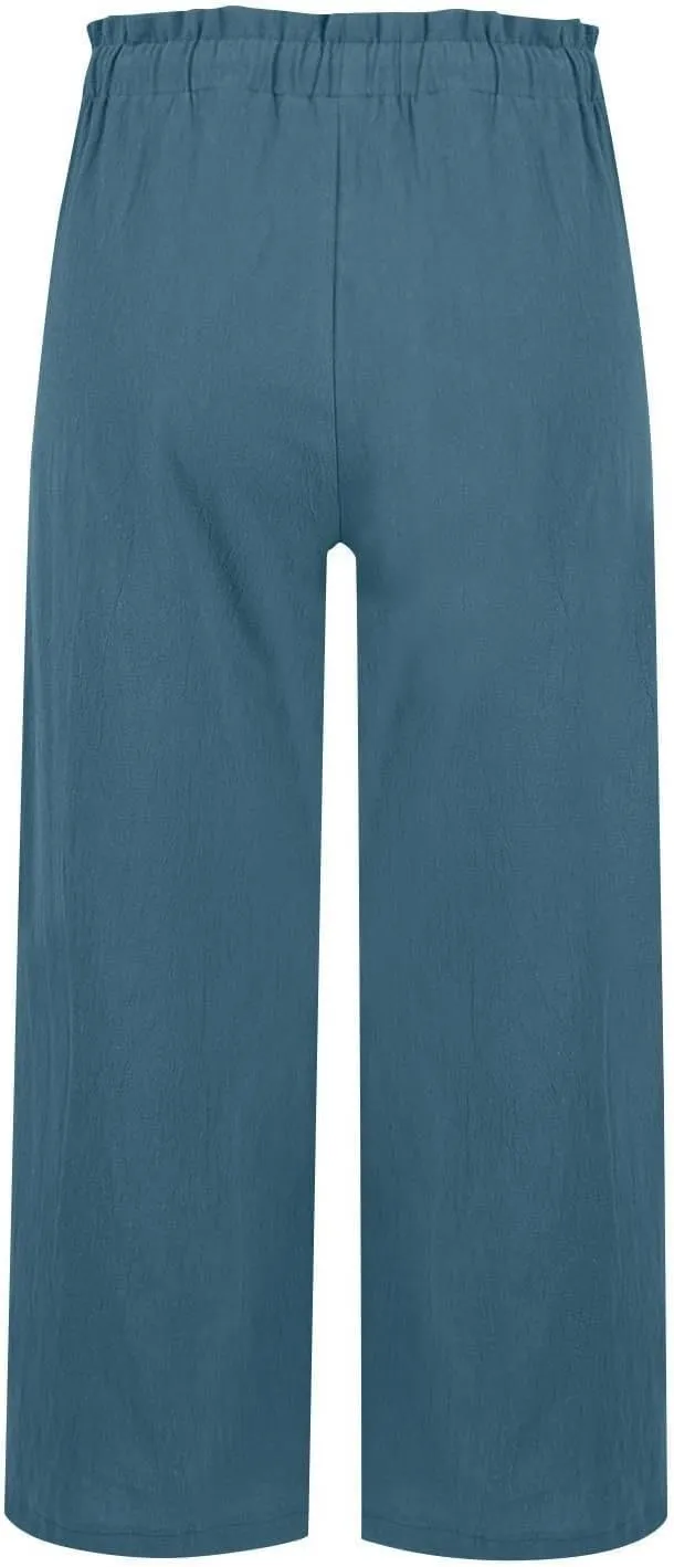 Womens Pants Ruffle Waist Cotton Linen Wide Leg Pants Drawstring Loose Fit Pant with Pocket Summer Beach Trousers